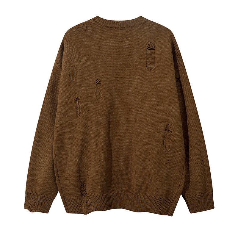 Broken hole crochet long sleeved pullover knitted sweater