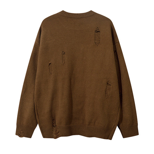 Broken hole crochet long sleeved pullover knitted sweater