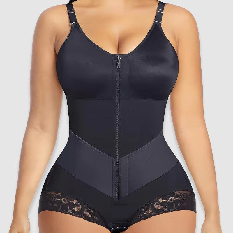 High Waist Lace Trim Shapewear Brief with Thin Straps, Front Zip Diagonal Elastic Waist