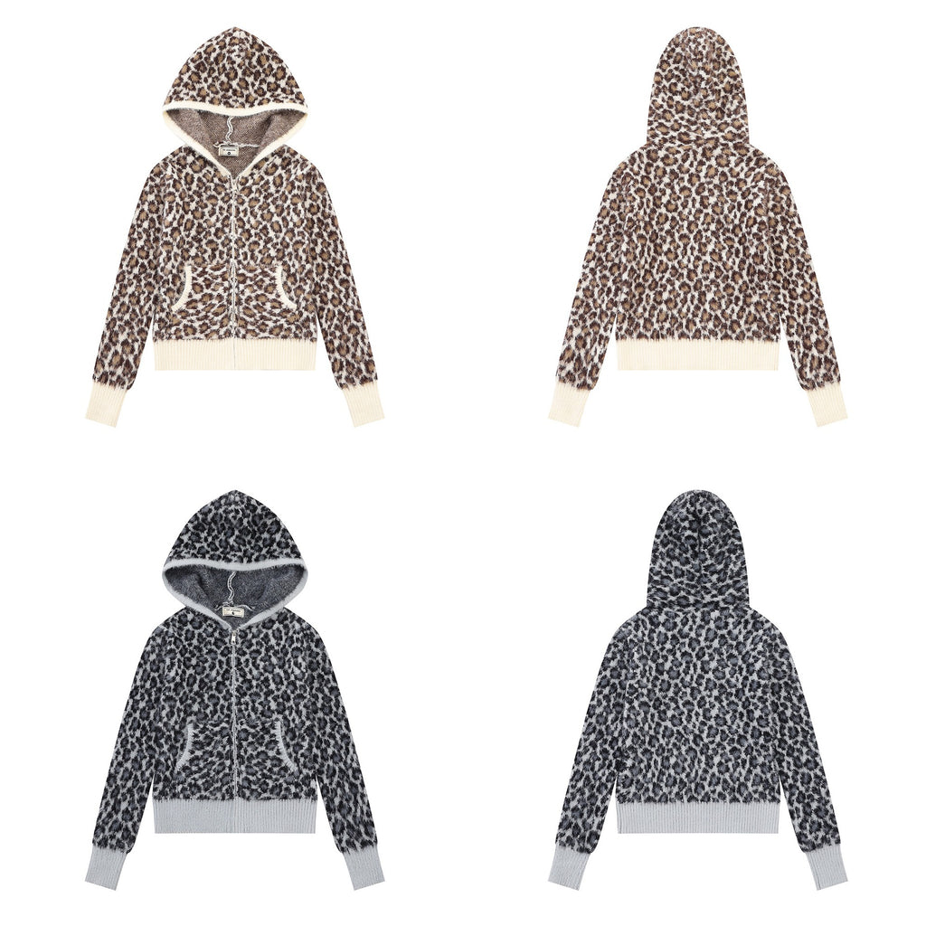 Hooded zipper leopard print sweater