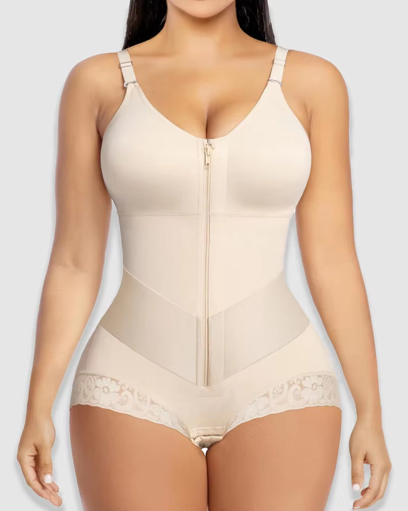 High Waist Lace Trim Shapewear Brief with Thin Straps, Front Zip Diagonal Elastic Waist